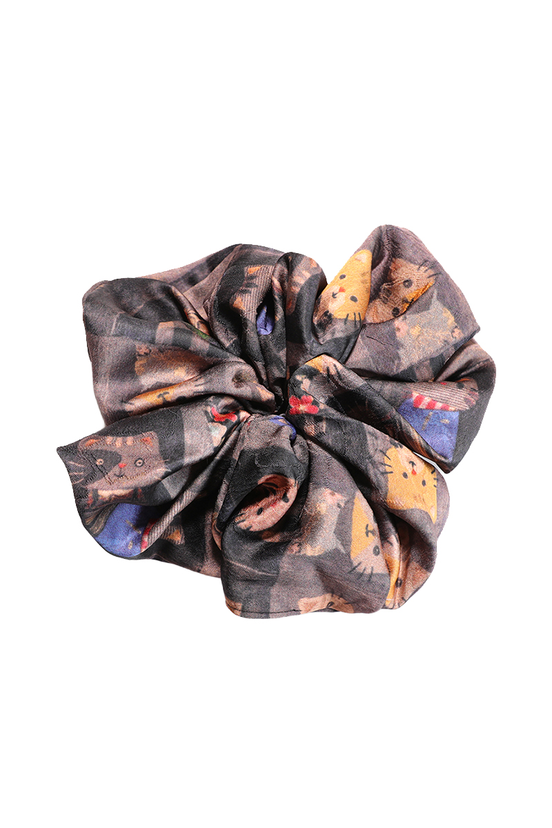Kitty Kaleidoscope Kitty Kaleidoscope Silk Round Scrunchie Cat Illustration, Playful - Image 1
